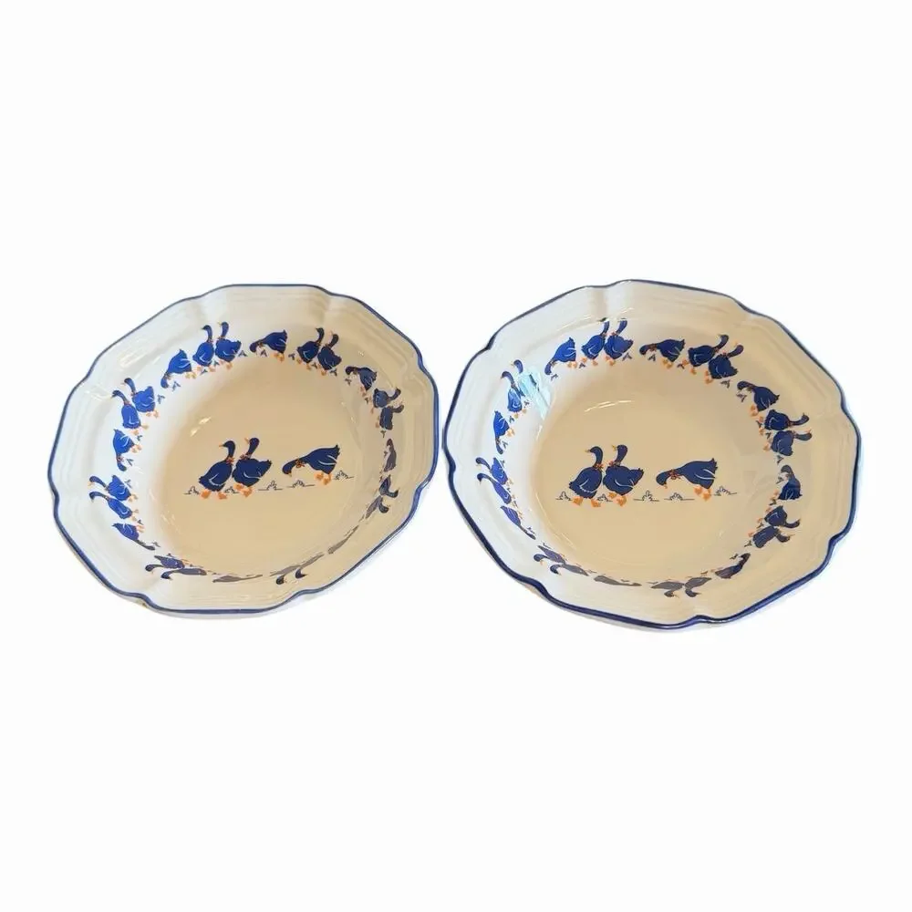 2 VTG Hankook Blue Ducks w/ Bows 7” Scalloped Salad/Soup Bowls EUC Cottage Core